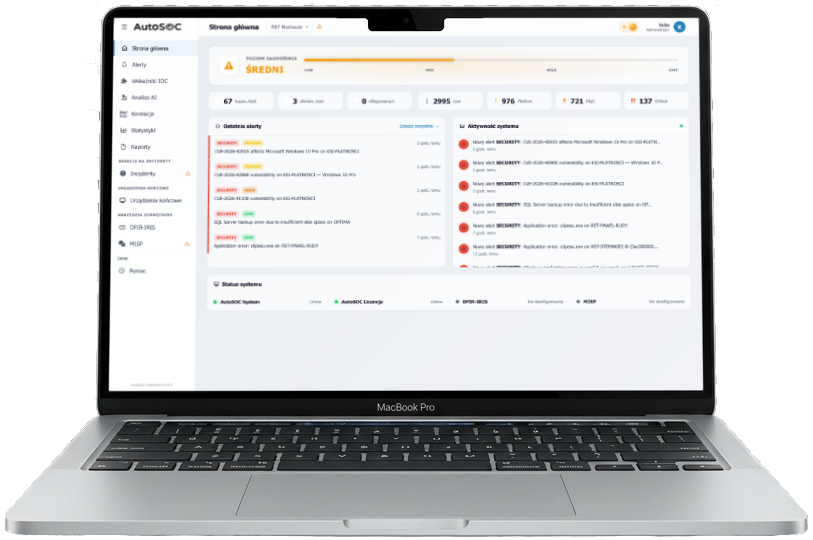 AutoSOC — dashboard na laptopie
