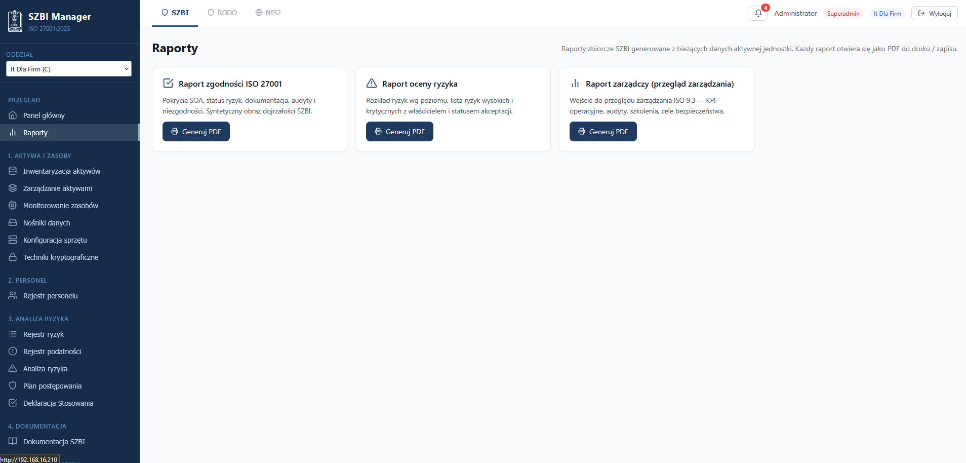 Raporty — widok dashboardu